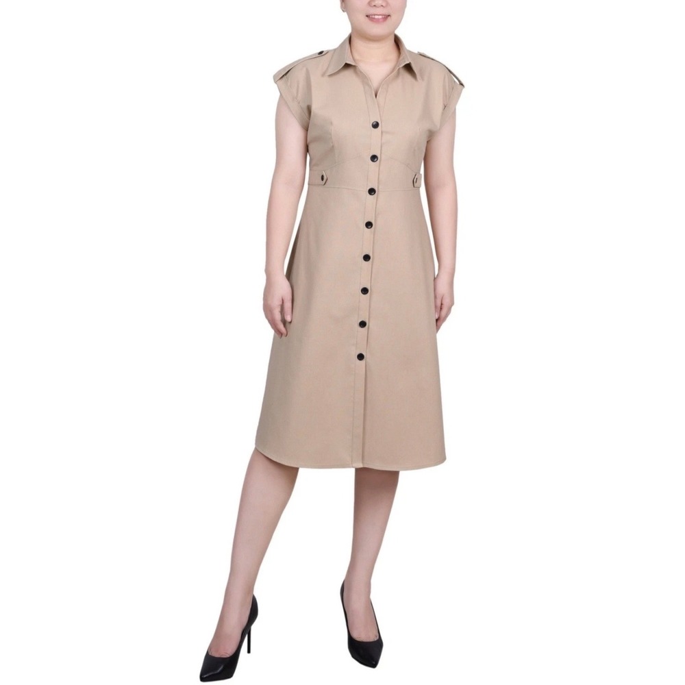 NWT NY Collection Linen Blend Button Front Shirt Dress Petite Sz PM Beige Career